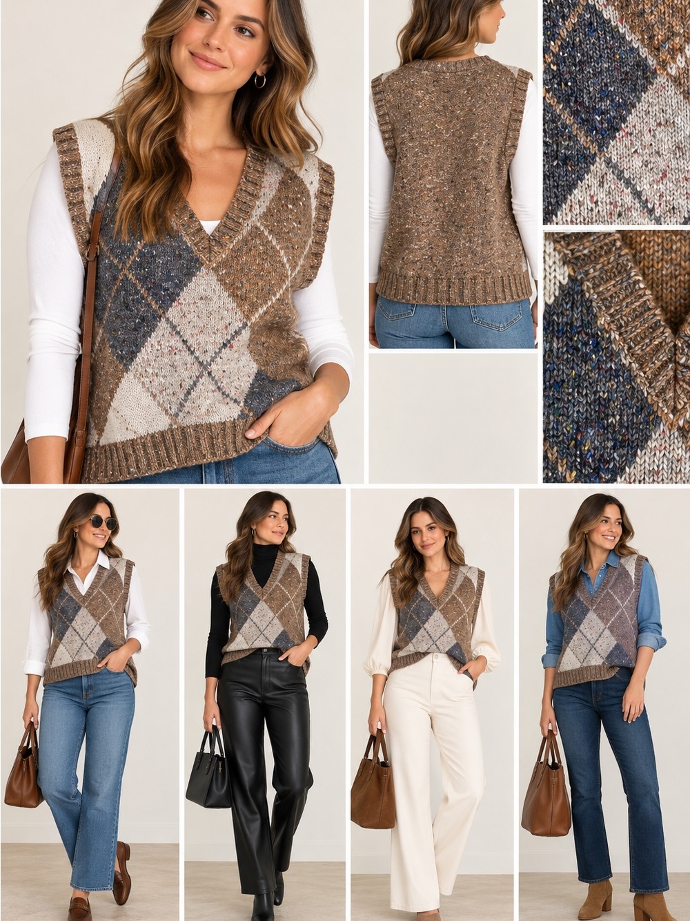 Vintage Argyle Knit V-Neck Sweater Vest in Brown